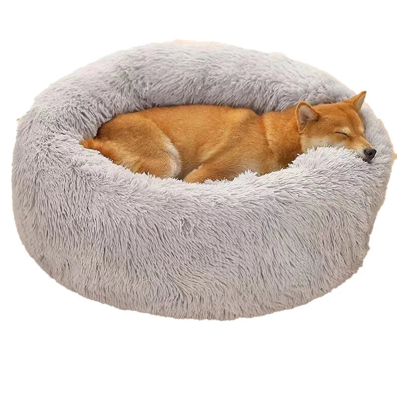 60cm/23.62in Comfortable Striped Plush Pet Dog Bed, Suitable for Small and Medium-Sized Dogs Cat Bed Warm Deep Sleep Round Nest