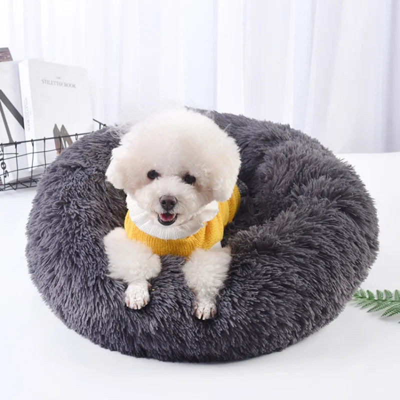 60cm/23.62in Comfortable Striped Plush Pet Dog Bed, Suitable for Small and Medium-Sized Dogs Cat Bed Warm Deep Sleep Round Nest